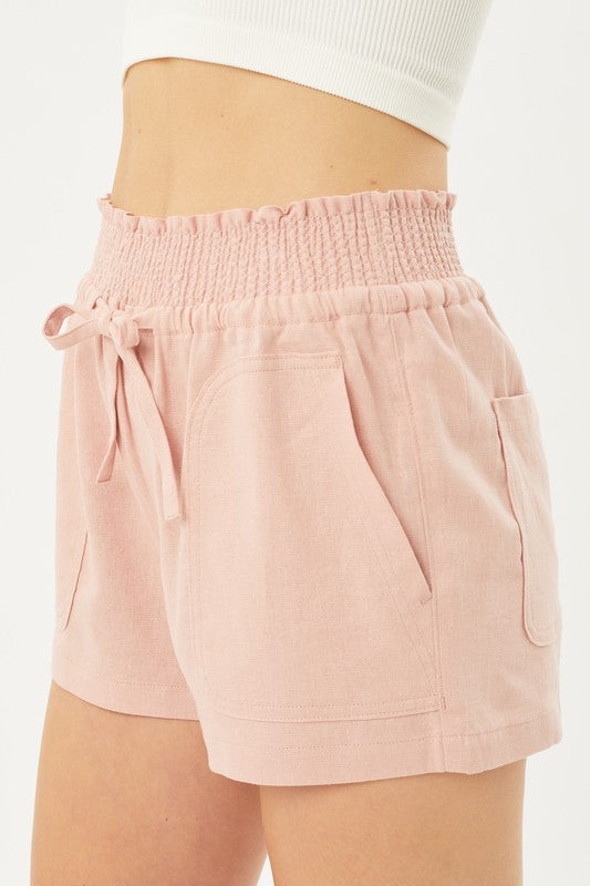 Linen Woven Solid Smocked Waist Shorts