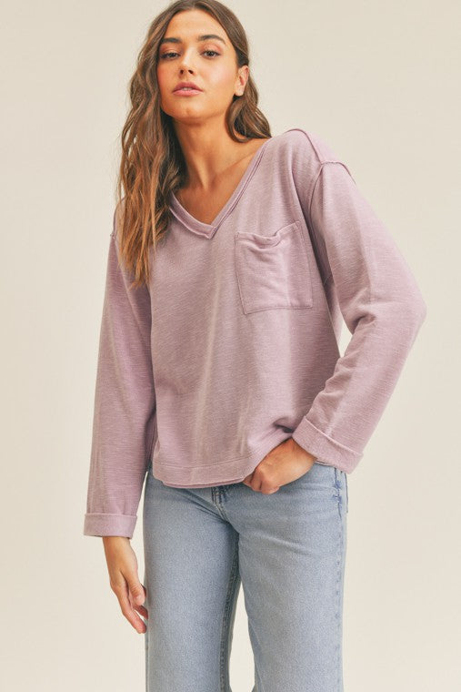 V-Neck Long Sleeve Pocket Top