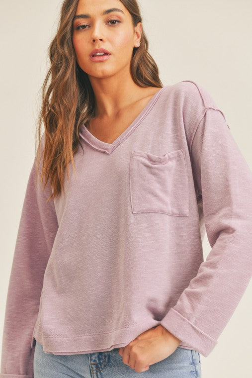 V-Neck Long Sleeve Pocket Top