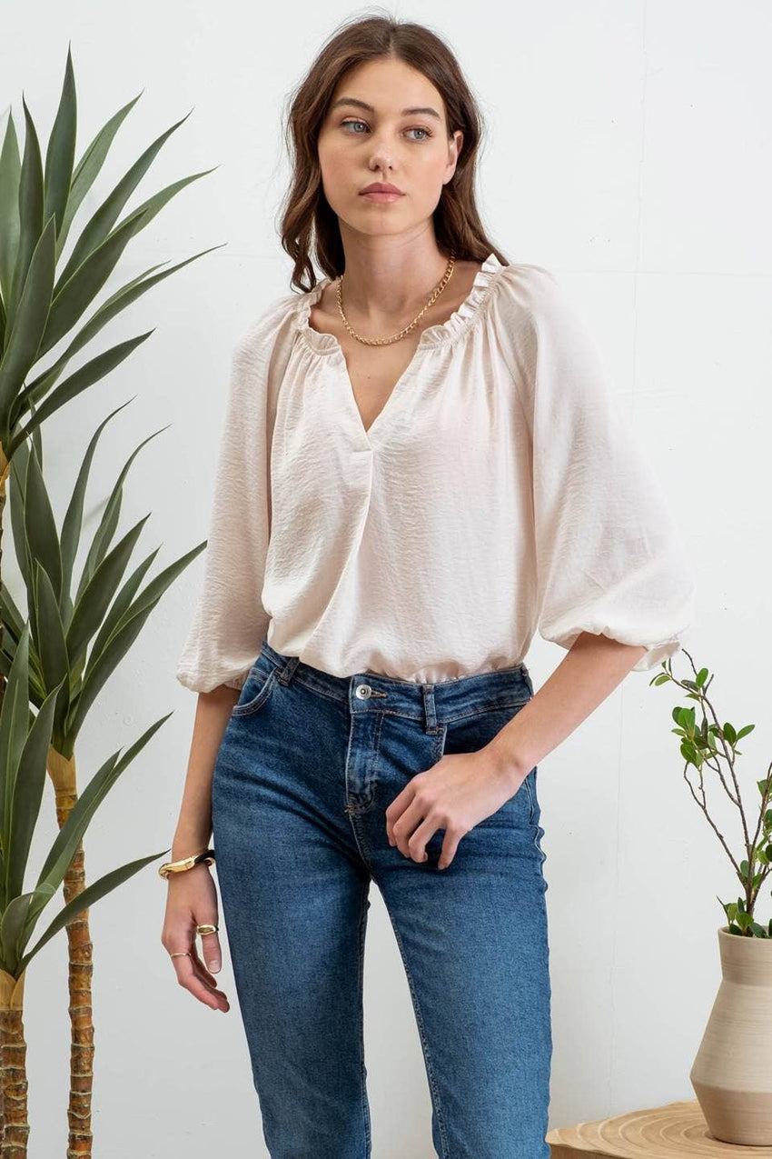 Split Neck Balloon Sleeve Blouse