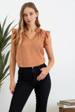 Split Neck Ruffle Trim Blouse