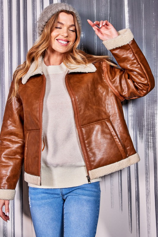 Faux fur vegan leather outer jacket