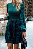 Velvet Smocked Puff Sleeve Ruffle Mini Dress