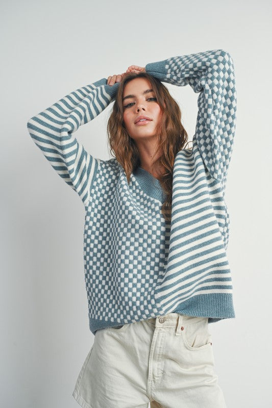 Frenchy Checker Pattern Drop Shoulder Sweater