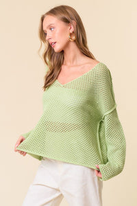 V-Neck Fishnet Sweater Knit Top