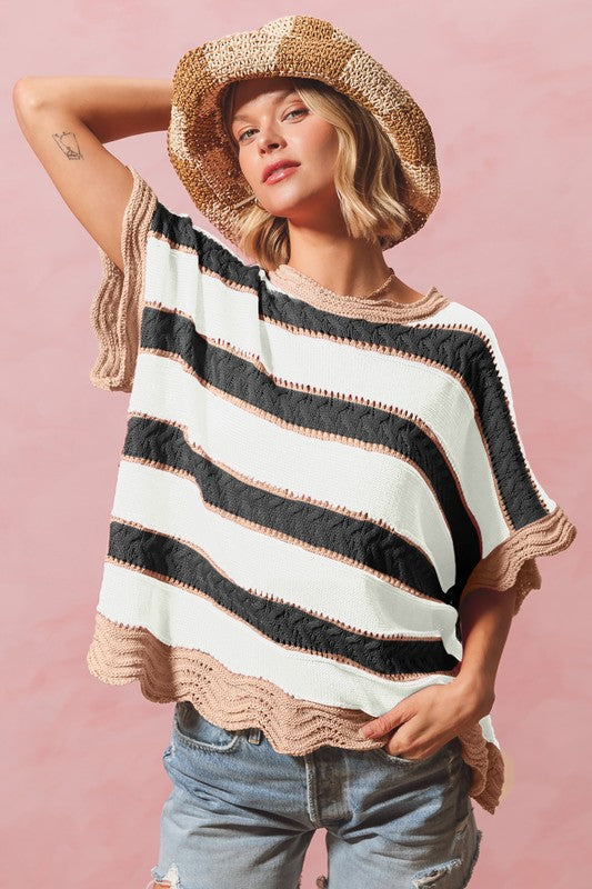 Striped Scalloped Edge Short Sleeve Sweater