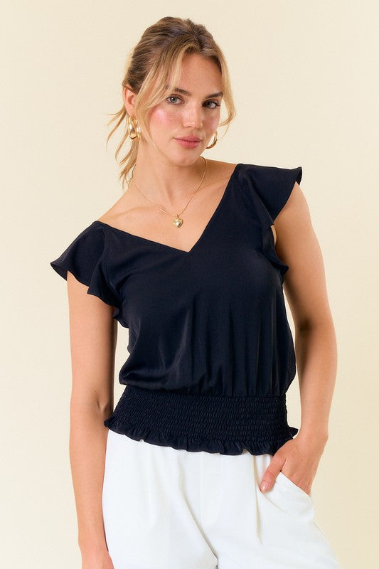 V-neck ruffle top with smocking band