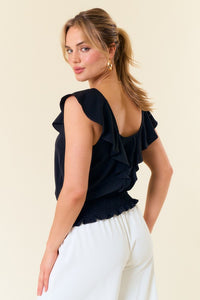 V-neck ruffle top with smocking band