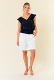 V-neck ruffle top with smocking band