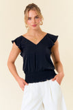 V-neck ruffle top with smocking band