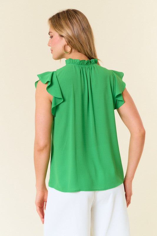 Ruffle V-Neck Top With Flutter Sleeve