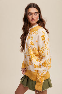 Floral Design Crew Neck Knit Sweater