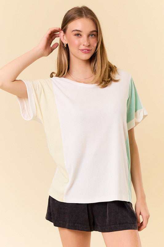 Rolled Up Dolman Sleeve Color Block Top