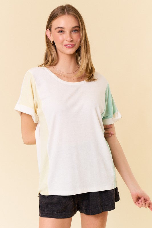 Rolled Up Dolman Sleeve Color Block Top