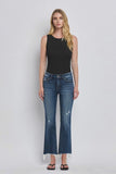 Mid Rise Frayed Hem Crop Bootcut Jeans