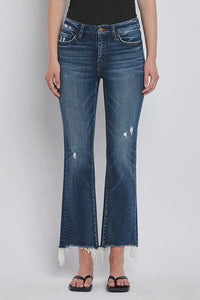 Mid Rise Frayed Hem Crop Bootcut Jeans