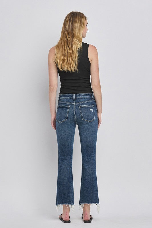 Mid Rise Frayed Hem Crop Bootcut Jeans