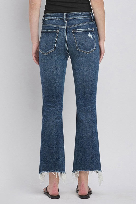 Mid Rise Frayed Hem Crop Bootcut Jeans