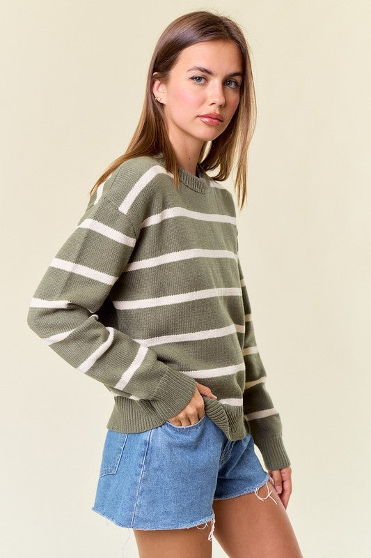 Scallop Neckline Long Sleeve Striped Sweater Top