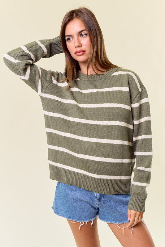 Scallop Neckline Long Sleeve Striped Sweater Top