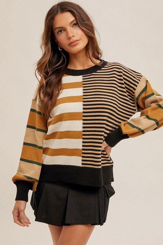 Mixed Stripe Color Block Crew Neck Sweater