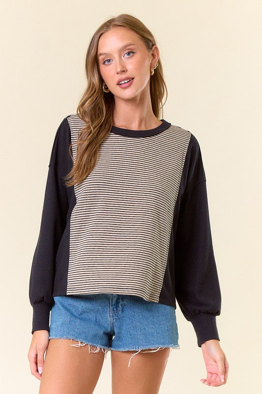 Puffed Sleeve Stripe Raw Edge Top