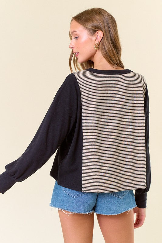 Puffed Sleeve Stripe Raw Edge Top