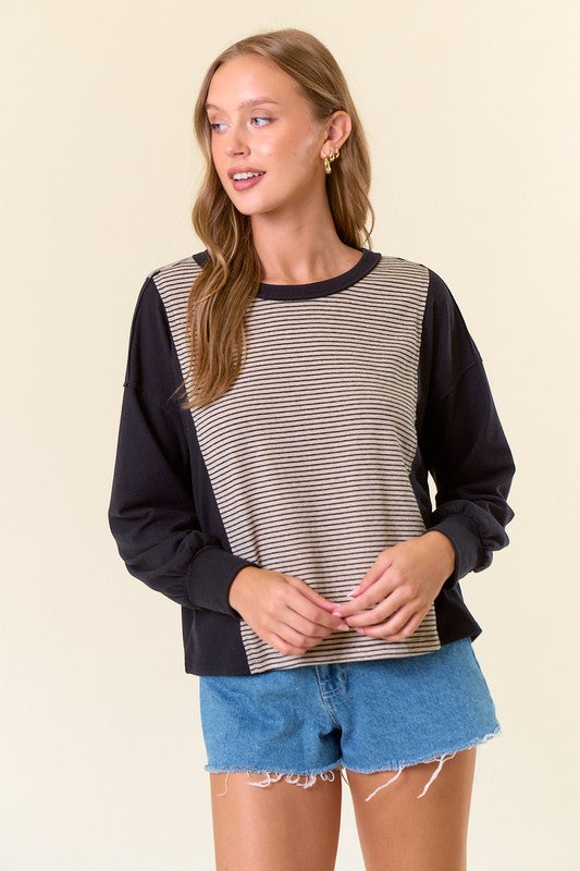 Puffed Sleeve Stripe Raw Edge Top