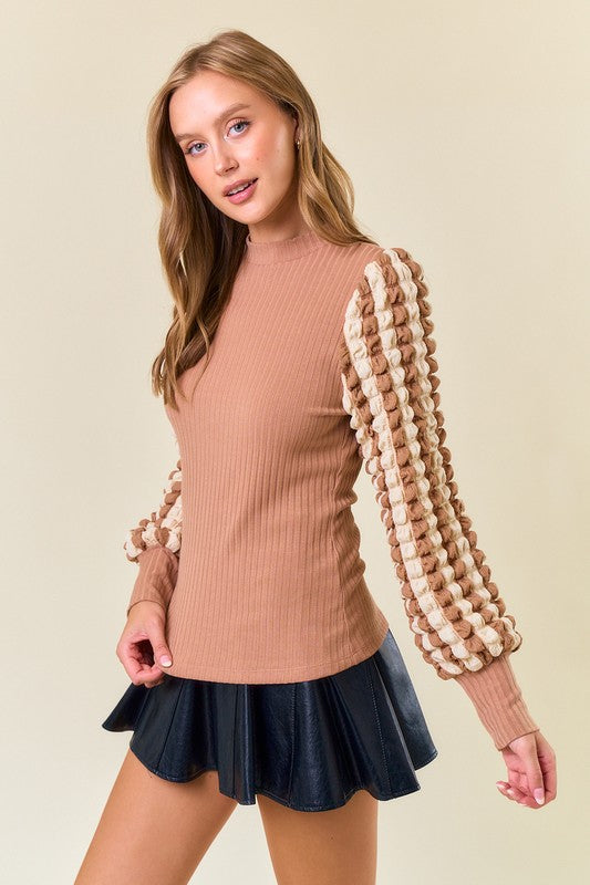 Stripe Popcorn Textured Puff Long Sleeve Top