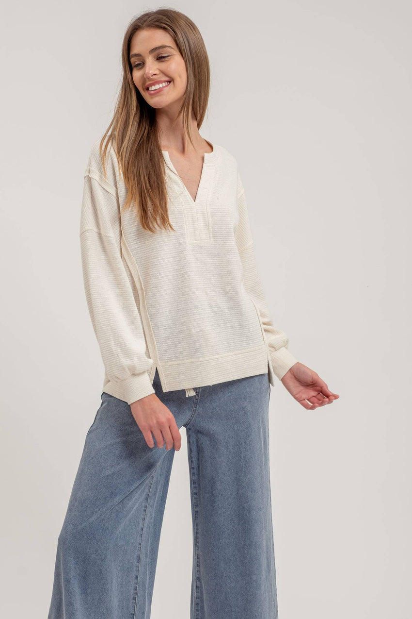 Split Neck Long Sleeve Top