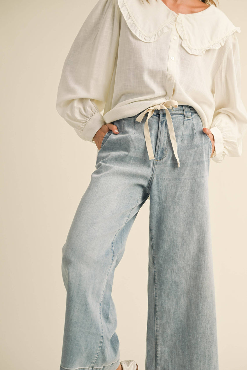 Washed Denim Pants with Front Tie