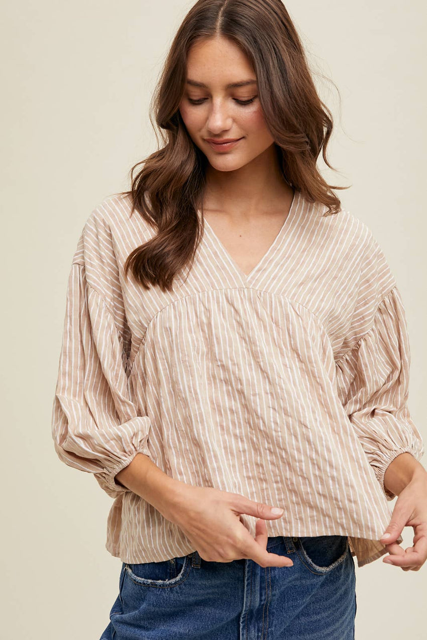 Striped Balloon Sleeve Top