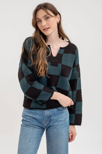 Check Split Neck Sweater