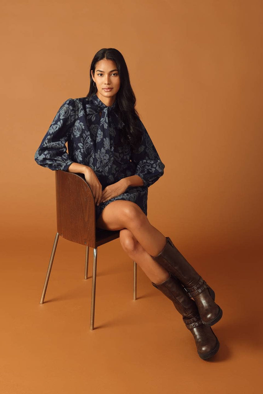 A jacquard denim mini dress