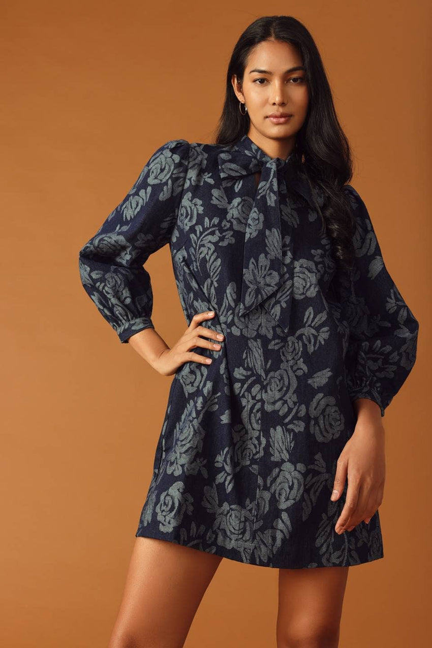 A jacquard denim mini dress