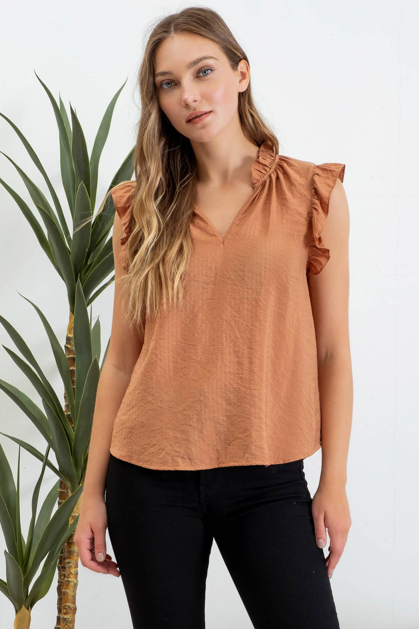 Split Neck Ruffle Trim Blouse