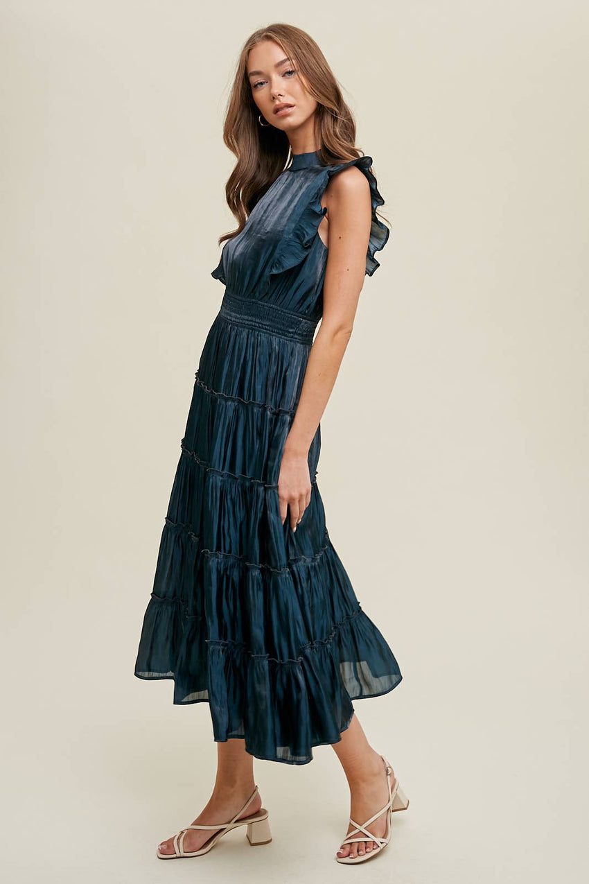 Organza Tiered Midi Dress with Ruffles