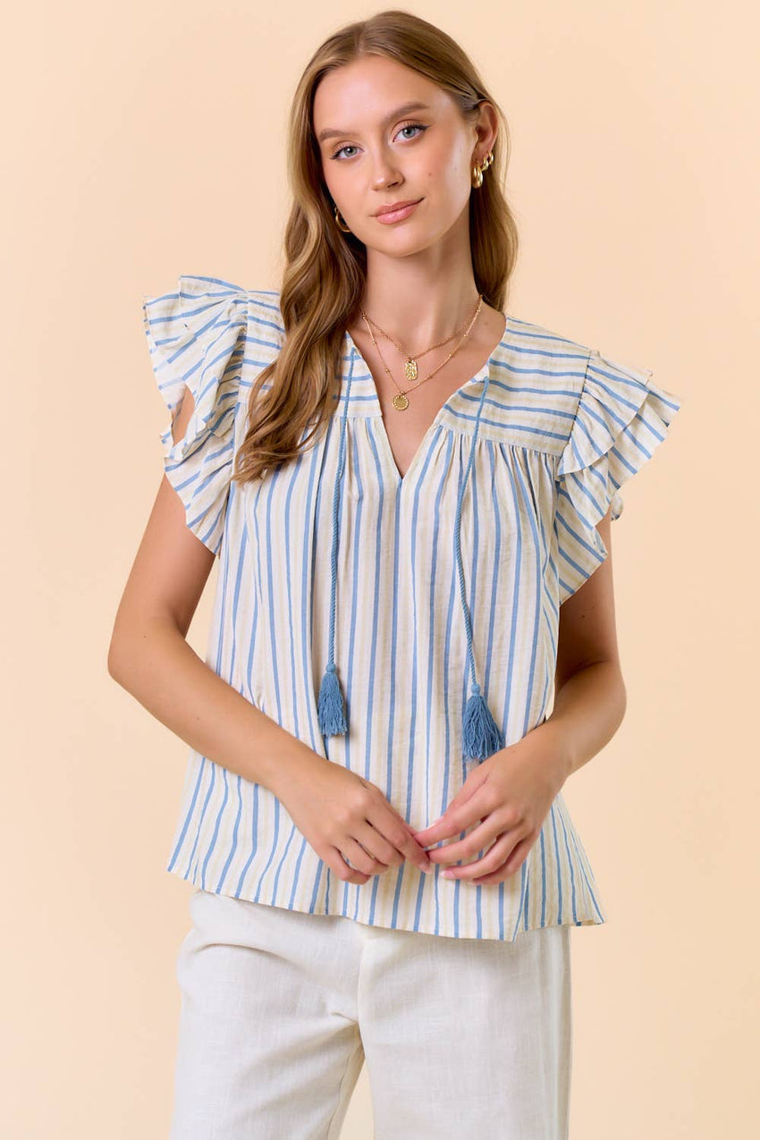 Stripe Ruffle Cap Sleeve