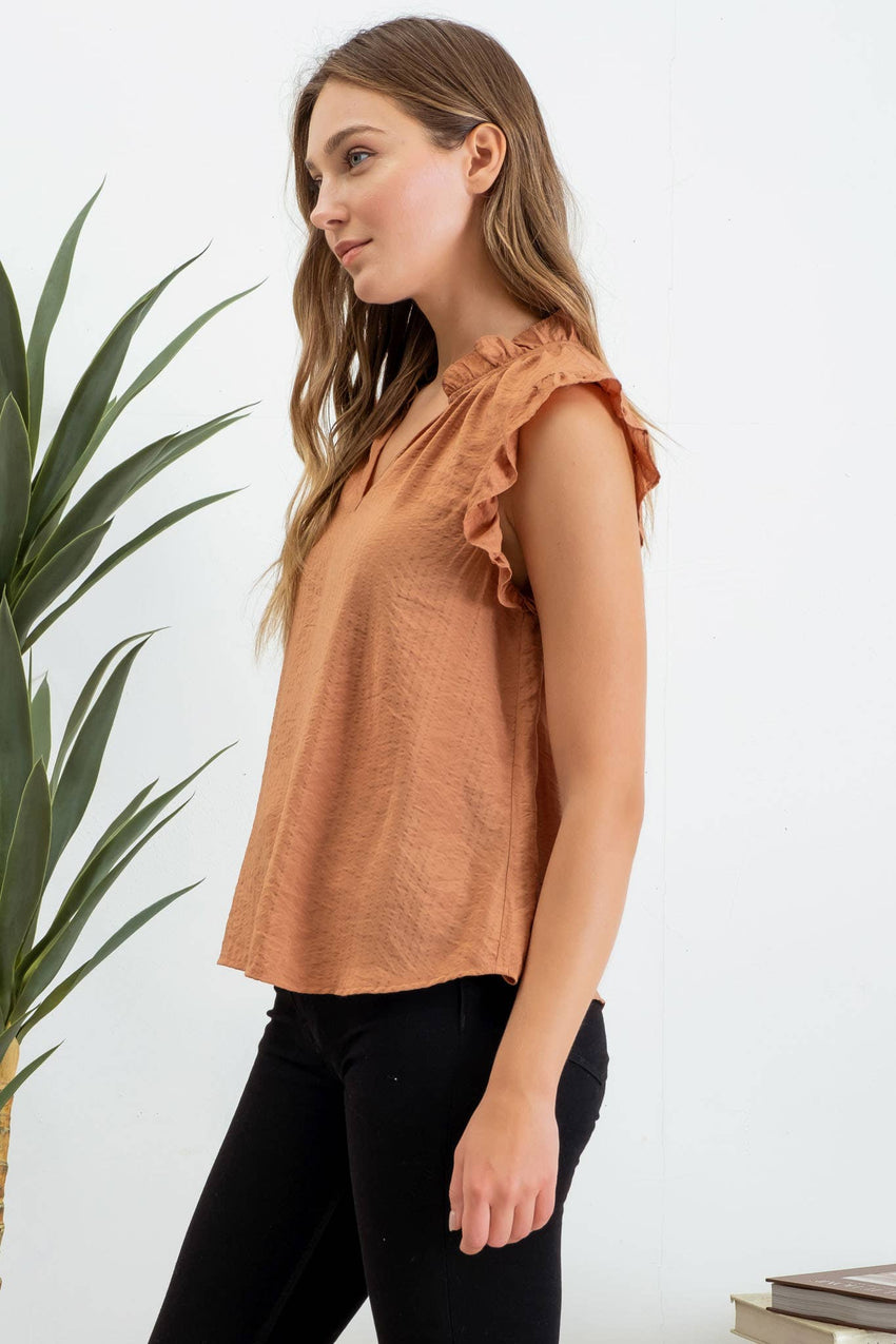 Split Neck Ruffle Trim Blouse