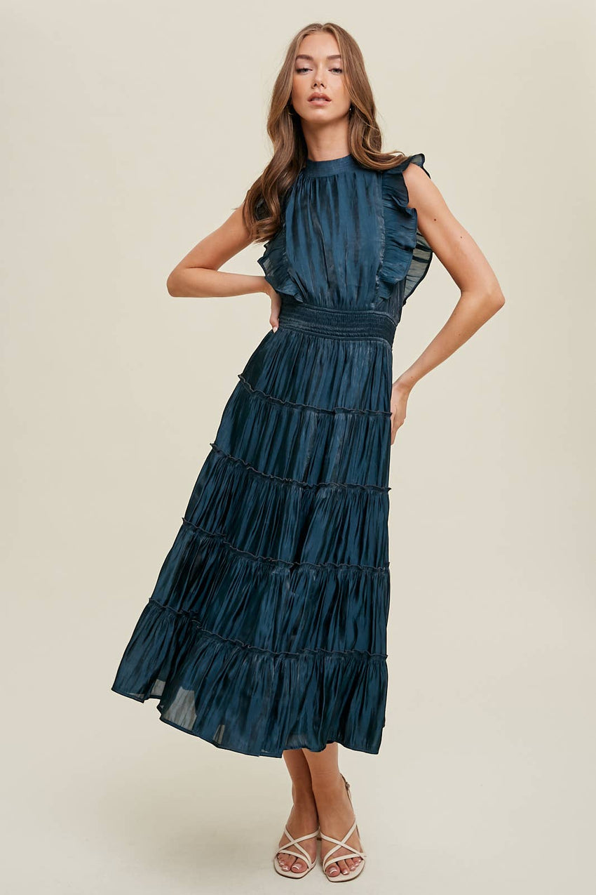 Organza Tiered Midi Dress with Ruffles