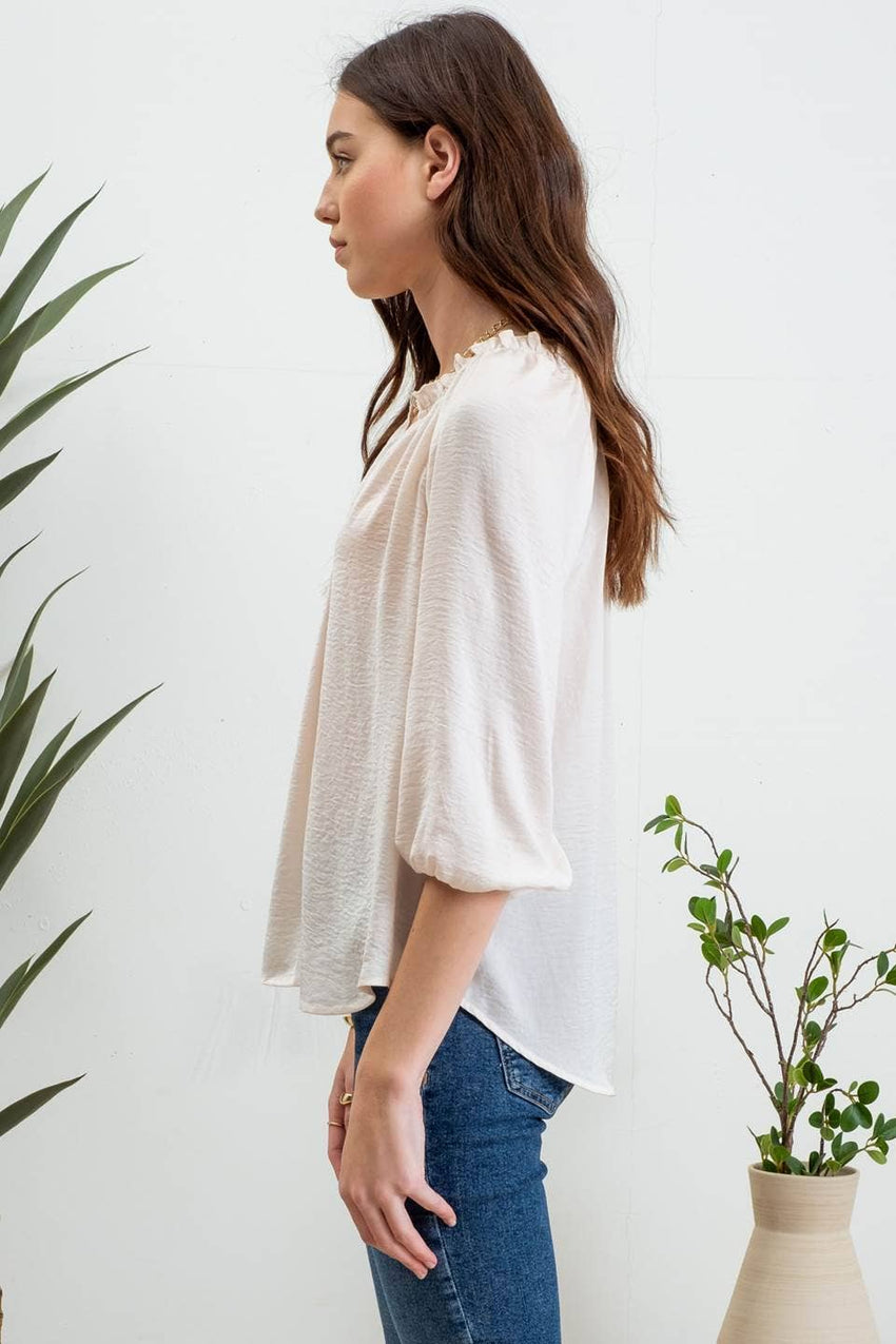 Split Neck Balloon Sleeve Blouse