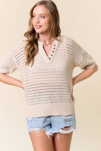 Drop Shoulder Short Sleeve Open-Knit Sweater Top