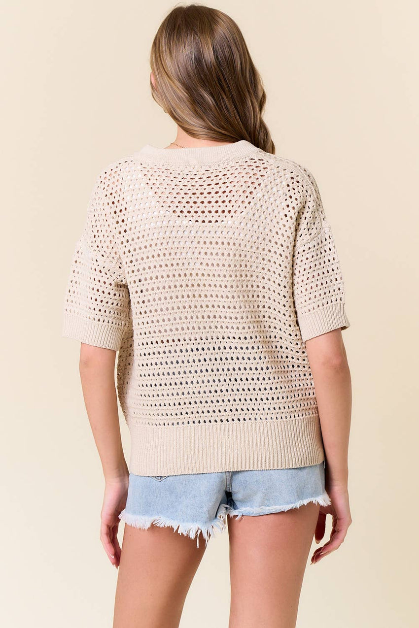 Drop Shoulder Short Sleeve Open-Knit Sweater Top