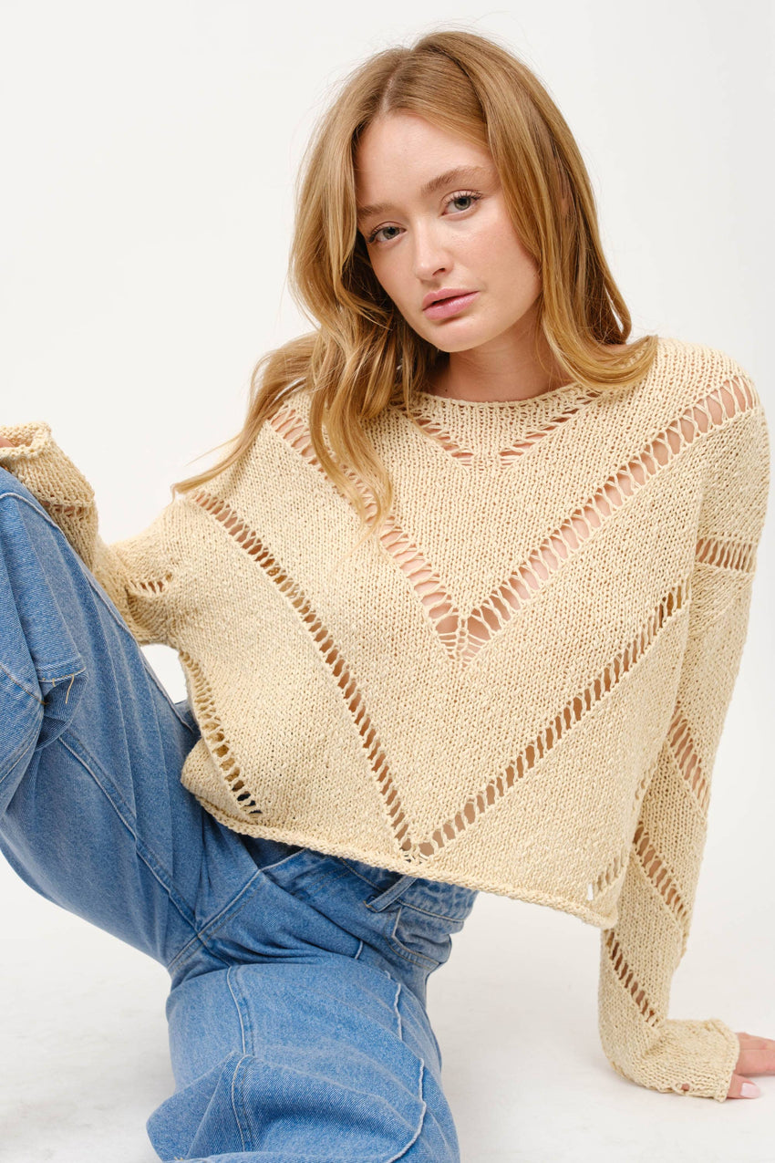 Chevron Openwork Crop Sweater