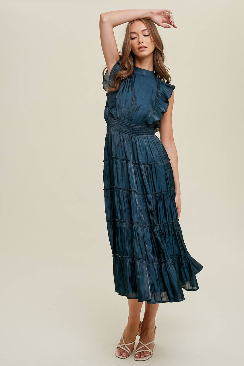 Organza Tiered Midi Dress with Ruffles