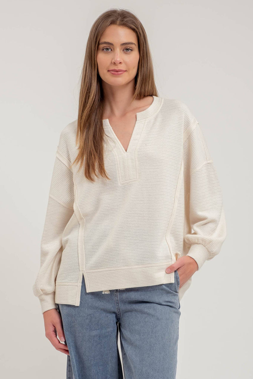 Split Neck Long Sleeve Top