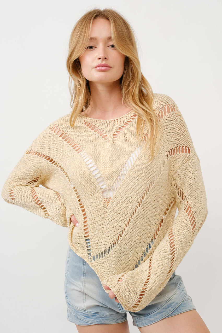 Chevron Openwork Crop Sweater