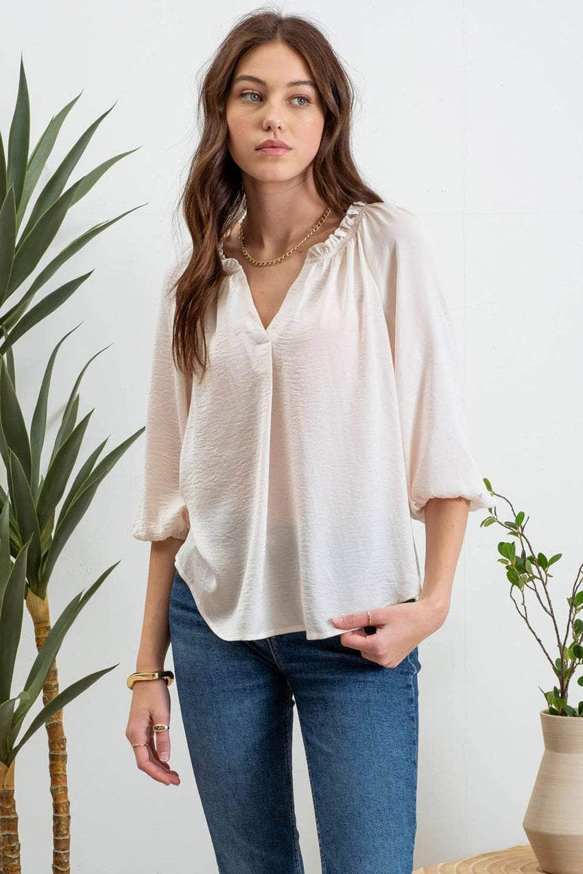 Split Neck Balloon Sleeve Blouse