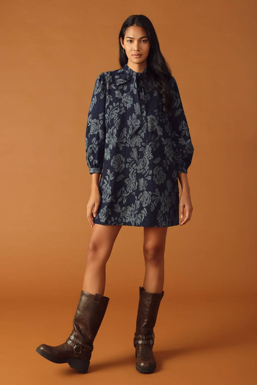 A jacquard denim mini dress